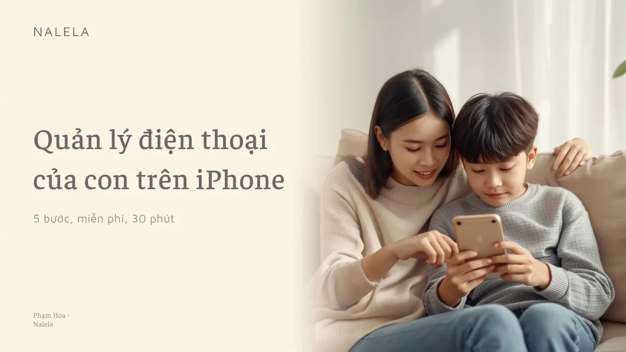 Mẹ chỉ vào màn hình iPhone hướng dẫn con trai — cách quản lý điện thoại của con trên iPhone