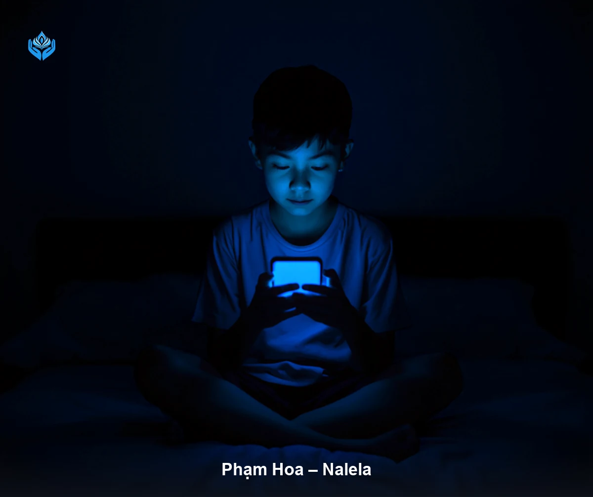 Tác hại của điện thoại đối với trẻ em — bé trai khoảng 12 tuổi ngồi trên giường trong phòng tối ban đêm, mặt được màn hình điện thoại hắt sáng