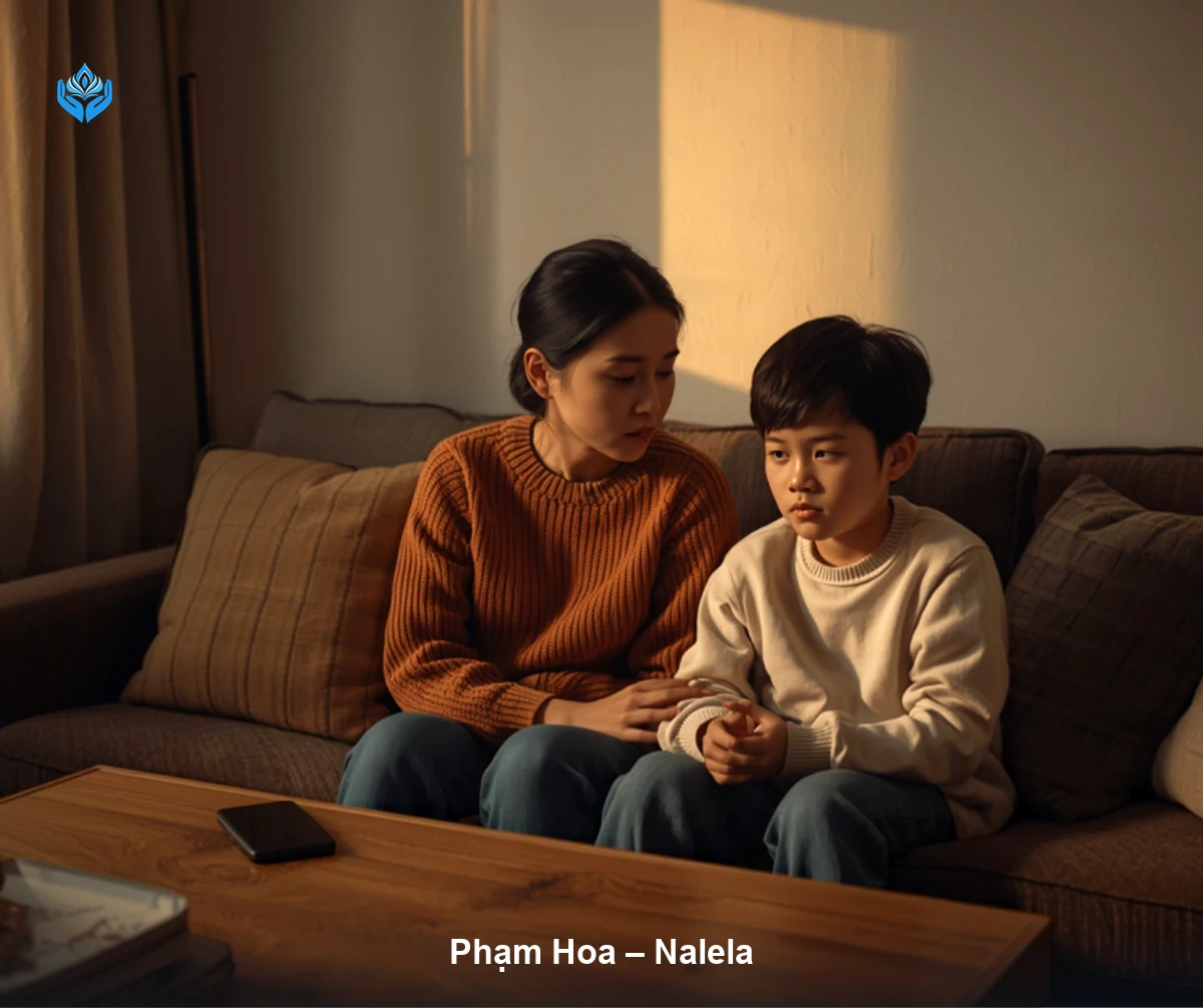 Trại cai nghiện điện thoại cho trẻ — người mẹ ngồi cạnh con trai khoảng 12 tuổi trên ghế sofa buổi tối, điện thoại úp xuống trên bàn trước mặt