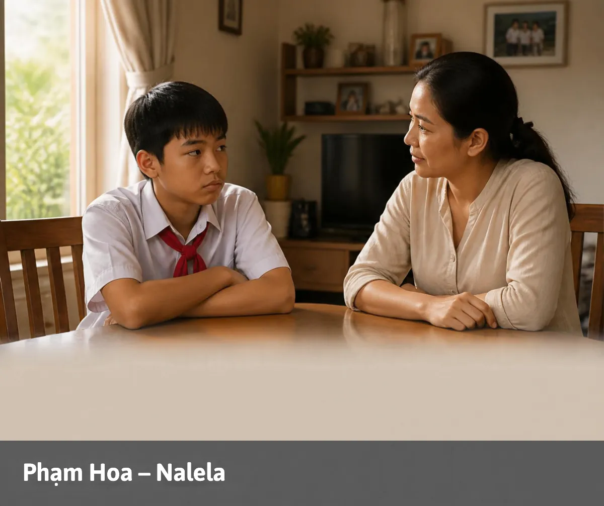 Làm gì khi con tuổi dậy thì hỗn láo: mẹ ngồi nghe cậu con trai đeo khăn quàng đỏ đang khoanh tay hờn dỗi