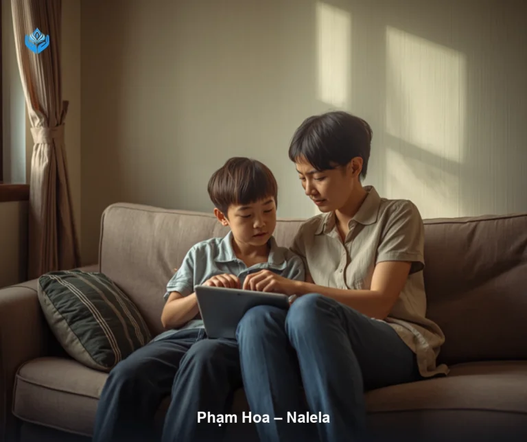 YouTube cho trẻ em — mẹ ngồi cạnh con trai khoảng 11 tuổi, cùng xem video trên máy tính bảng ở phòng khách