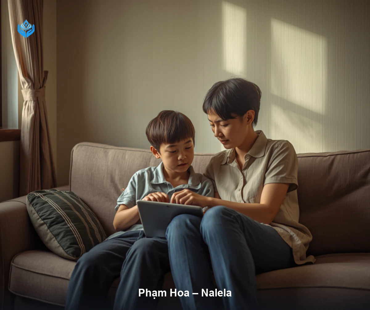 YouTube cho trẻ em — mẹ ngồi cạnh con trai khoảng 11 tuổi, cùng xem video trên máy tính bảng ở phòng khách